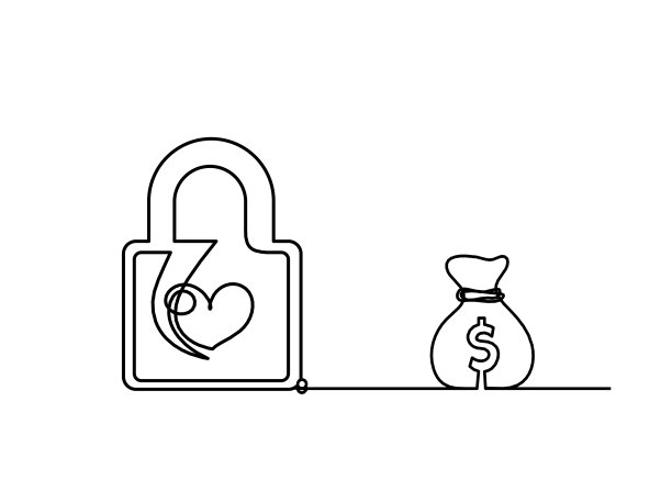 抽象的心形锁，以美元为连续线条绘制在白色上图片下载