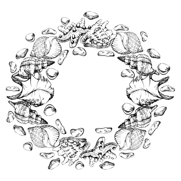 手绘矢量墨水异国情调的海贝壳和彩色玻璃，海星。圆花圈框架。孤立在白色背景上。设计墙艺、婚庆、印花、布艺、封面、名片、旅游、旅游宣传册。图片下载