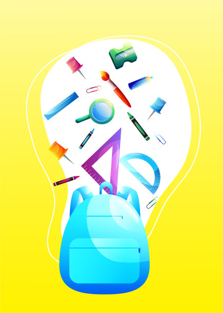 带着书包和学习用品的返校海报。矢量插图。图片下载