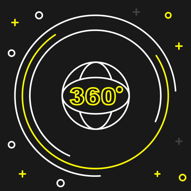 线360度视图图标孤立的黑色背景。虚拟现实。角度360度摄像头。全景照片。色彩缤纷的轮廓概念。向量图片下载