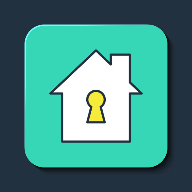填充轮廓房子在保护图标隔离在蓝色背景。家和盾。保护、安全、保障、保护、防御的理念。绿松石方形纽扣。向量图片下载