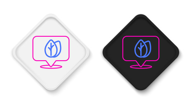 线位置引脚与叶子内部图标隔离在白色背景上。叶子的迹象。产品标志新鲜天然。色彩缤纷的轮廓概念。向量图片下载