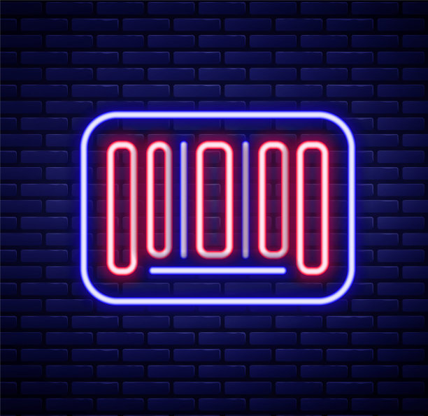 发光的霓虹灯线条形码图标隔离在砖墙背景。色彩缤纷的轮廓概念。向量图片下载
