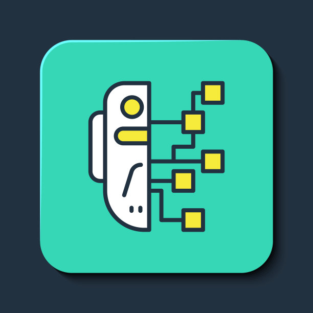 填充轮廓人形机器人图标孤立的蓝色背景。人工智能，机器学习，云计算。绿松石方形纽扣。向量图片下载