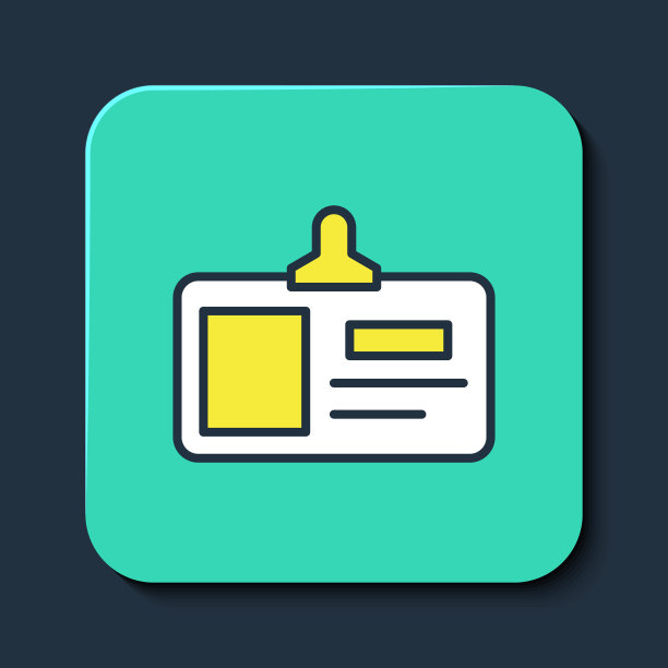 填充轮廓识别徽章图标隔离在蓝色背景。它可以用于展示，公司的身份，广告。绿松石方形纽扣。向量图片下载