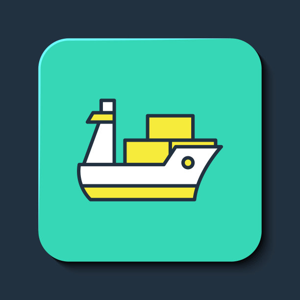 填充轮廓货船图标孤立的蓝色背景。绿松石方形纽扣。向量图片下载