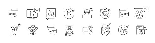 宠物的社交媒体形象。猫狗博主。像素完美，可编辑的笔画图标集图片下载