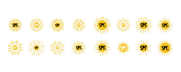 SPF值的日落。手绘涂鸦太阳符号，紫外线防护标志标签，黄色歌曲与黑色字母和数字，防晒产品和皮肤化妆品矢量隔离插图图标图片下载
