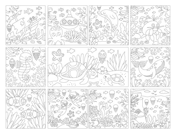 矢量黑色和白色下的海广场景观设置。海洋生活线的场景收集与海藻，珊瑚。可爱的水自然背景或彩色页与沉船，潜水员图片下载