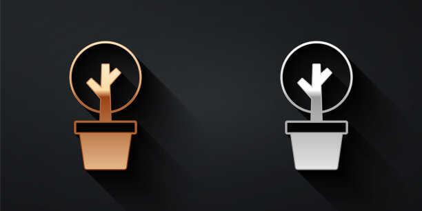 金色和银色的树图标孤立的黑色背景。森林的象征。长影式。向量图片下载