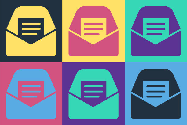 波普艺术邮件和电子邮件图标孤立的彩色背景。信封符号e-mail。电子邮件消息标志。向量图片下载