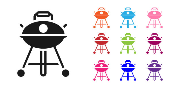 黑色烧烤图标孤立在白色背景。烧烤派对。设置图标彩色。向量图片下载
