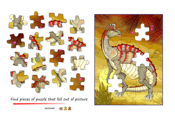 适合儿童和成人的逻辑游戏。找到从图片中掉落的拼图。儿童脑筋急转弯书页。注意力任务。发展空间思维。玩在线。矢量图像。图片下载