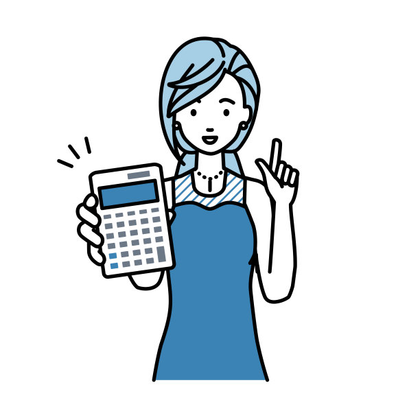 一个穿着礼服的女人面带微笑地推荐、提议、展示估价并指着计算器图片下载