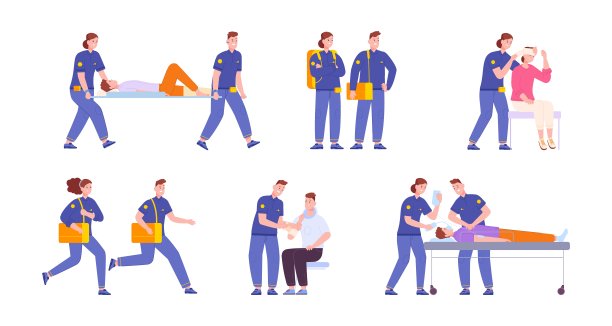 急救程序。急救人员在担架上抢救病人，心肺复苏术训练心脏病发作心肺复苏术，精彩的矢量插图图片下载