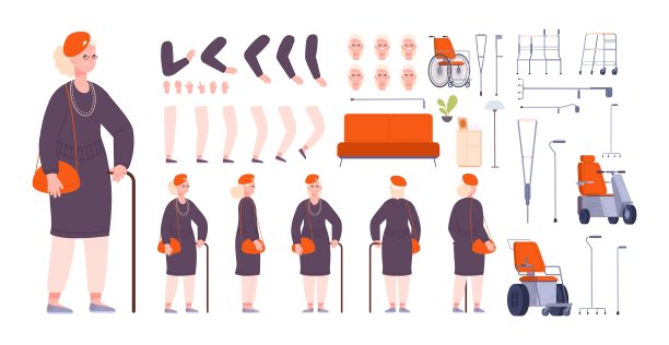 老妇建筑师。卡通奶奶长者人物创作工具包或动画建设，欧洲老太太表达奶奶教授化身精彩的矢量插图图片下载