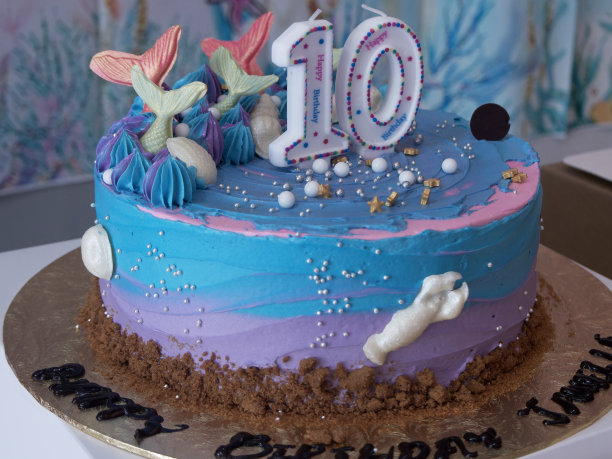 美人鱼为小女孩装饰的生日蛋糕图片下载