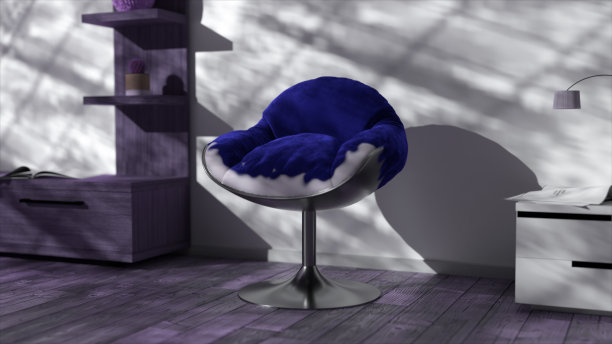 椅子上的灰色织物变成了蓝色天鹅绒。办公家具。白墙上的影子。图片下载