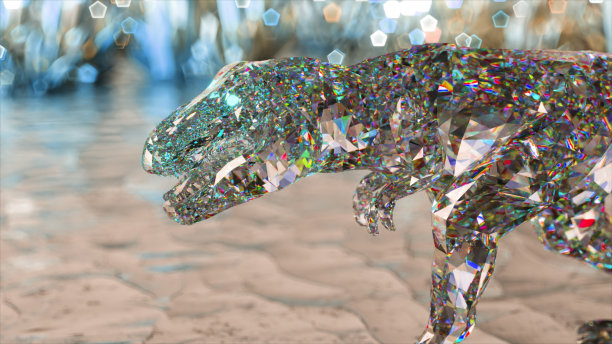 自然和动物的概念。恐龙行走。低聚。透明的蓝色。三维演示图片下载