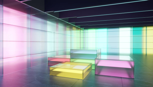 彩色渐变透明玻璃墙和玻璃材质立方体底座模板图片下载