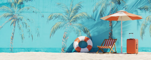 暑假概念背景与游泳管和沙滩椅。三维渲染图片下载
