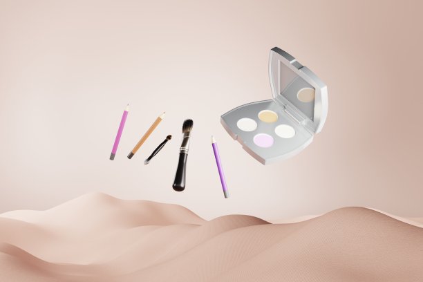 特写美刷化妆产品集场景与马卡龙概念想法白色背景。3 d渲染。图片下载