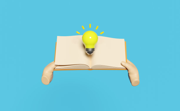 3D手握打开书与黄色灯泡隔离在蓝色背景。创意提示教育，知识创造创意概念，极简抽象，3d渲染插画图片下载