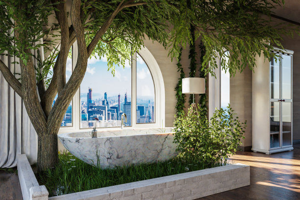 市中心带拱形窗的Loft公寓;室内浴缸带树;旅游概念;三维演示图片下载