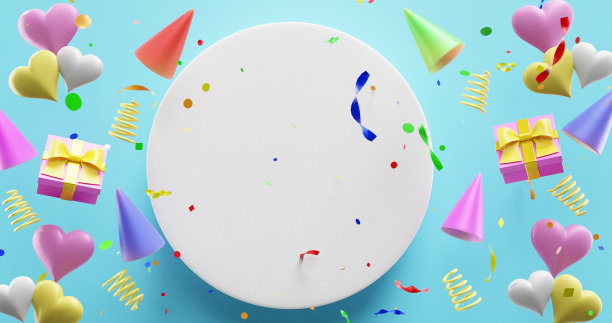 生日，空白圈带彩纸礼帽心。三维渲染图片下载