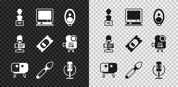 集石膏头雕塑胸围，复古电视，肖像图片在博物馆，电视桌架，银勺，麦克风，和电影票图标。向量图片下载