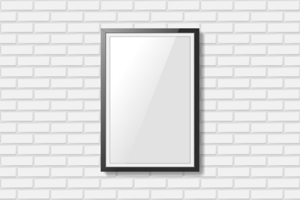 白色砖墙上空白的黑色相框图片下载