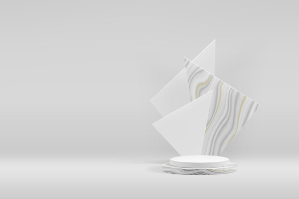 产品展示的三维白色讲台舞台，圆形平台和几何三角形块。大理石美女喜剧台图片下载