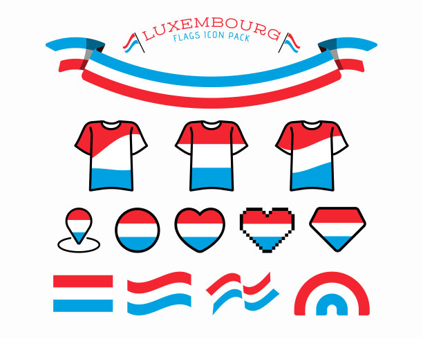 大集标签，贴纸，指针，徽章，符号和页面卷曲与卢森堡国旗图标的设计元素。集合向量插图。孤立在白色背景上。图片下载