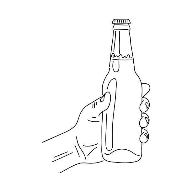 手持啤酒瓶线条艺术插图。手握啤酒手画。向量。图片下载