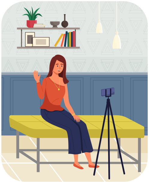 手机放在三脚架上。人们广播，视频博客录制，智能手机流媒体。在线直播图片下载