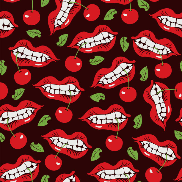 无缝图案与女性的嘴和樱桃的牙齿图片下载