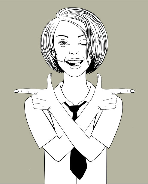 她打着领带，脸上带着淘气的表情，微笑着，眨眨眼，手指指向不同的方向图片下载