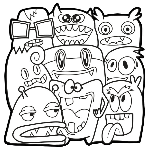 手绘插图，怪物涂鸦，手绘卡通怪物插图，卡通人群涂鸦手绘涂鸦风格。黑白条纹着色书。图片下载