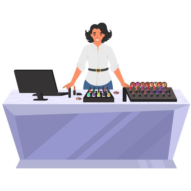 化妆品店和女售货员在柜台矢量图标隔离在白色背景上图片下载