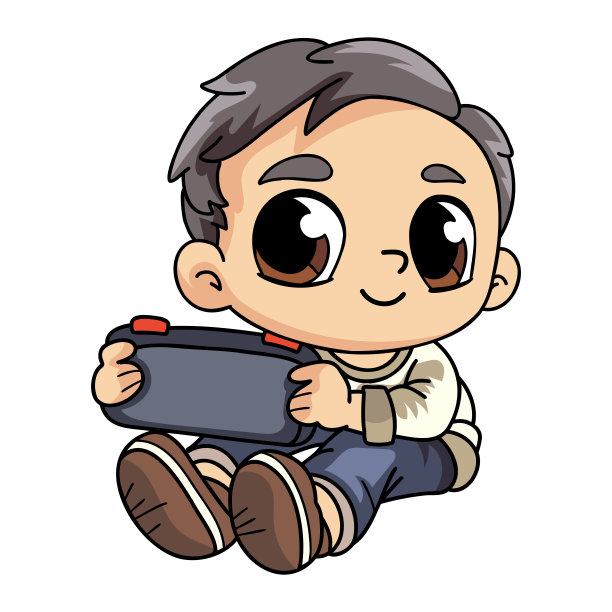 Happy boy with portable game character illustration in doodle style图片下载