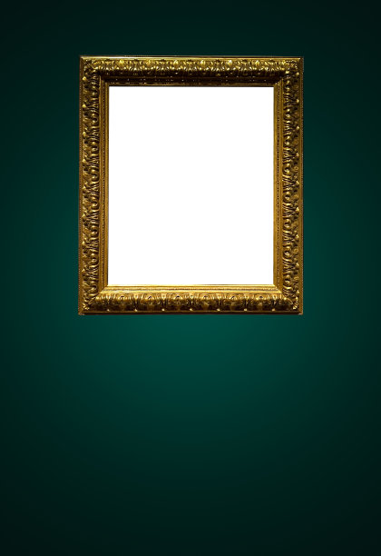 古董艺术博览会画廊框架在皇家绿色墙壁在拍卖行或博物馆展览，空白模板与空白的白色copyspace的模型设计，艺术品图片下载