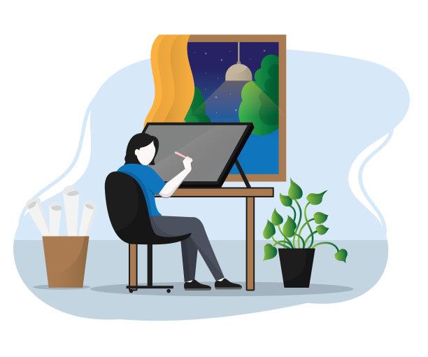 艺术家卡通画在白色空白画布，平面插图风格孤立的白色背景。图片下载