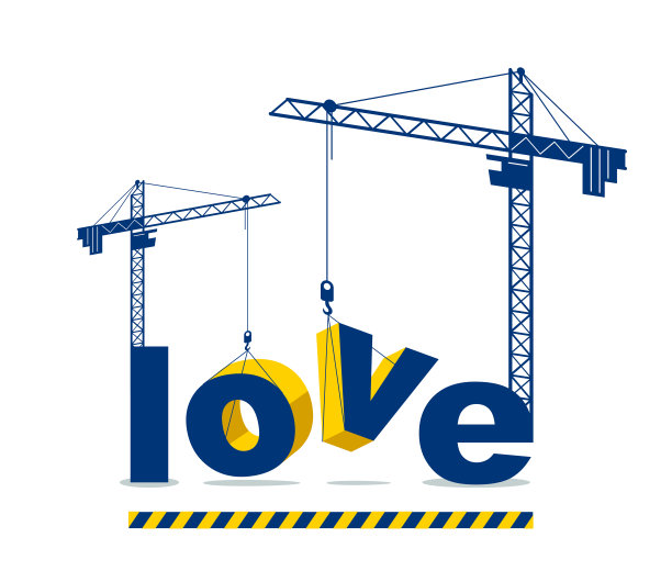 建筑吊车搭建爱心字矢量概念设计，概念插画用文字寓意在进行发展，时尚隐喻关系。图片下载