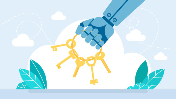 机器人手里拿着一串钥匙。关键字。成功或解决方案的关键。人工智能。机器学习或数字化转型的概念。交钥匙解决方案和服务。平的插图图片下载