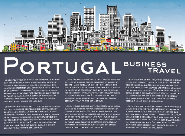 葡萄牙。城市天际线与灰色建筑，蓝天和复制空间。矢量插图。葡萄牙城市景观与地标。图片下载