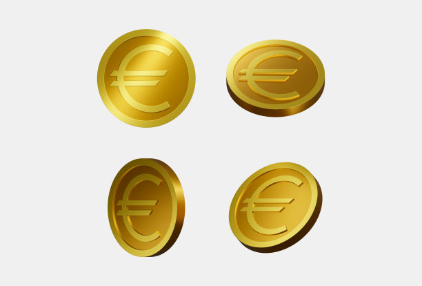 风格化的金色金属纹理欧元硬币孤立在浅灰色的背景。三维渲染图片下载