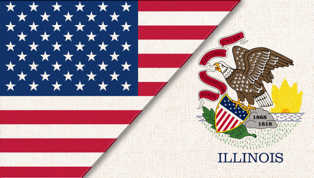 美国国旗和伊利诺伊州国旗。政治概念。双旗三维插图图片下载