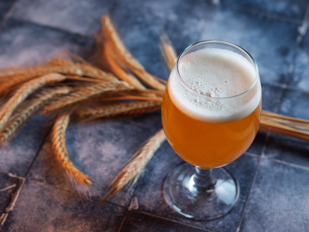 一杯未经过滤的小麦啤酒放在蓝色瓷砖上，麦穗图片下载