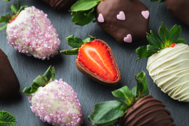 黑色背景上的草莓覆盖着美味的巧克力图片下载