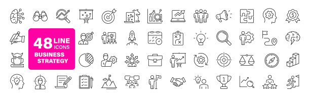 商业策略集的网页图标在线的风格。商业解决方案图标的网络和移动应用程序。行动列表，研究，解决方案，团队，营销，创业，广告，业务流程，管理图片下载